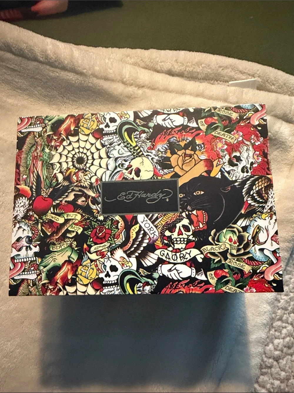 Ed Hardy Black & Silver Skull Dial Watch with Necklace & Cross Set